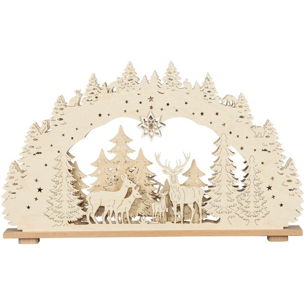 Dekorativer Schwibbogen aus Holz mit Waldmotiv, Rehen und Sternen als weihnachtliche Tischdekoration für die Inneneinrichtung.