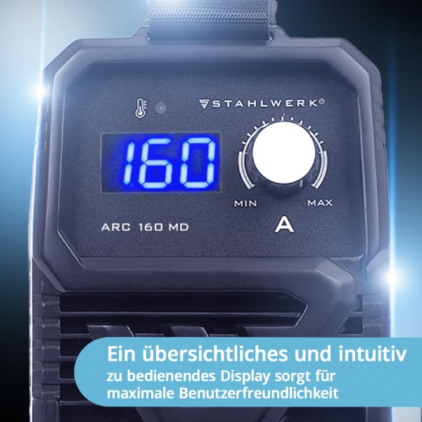 Detailansicht des Stahlwerk ARC 160 MD Schweißgerätes mit digitaler Anzeige und Drehknopf