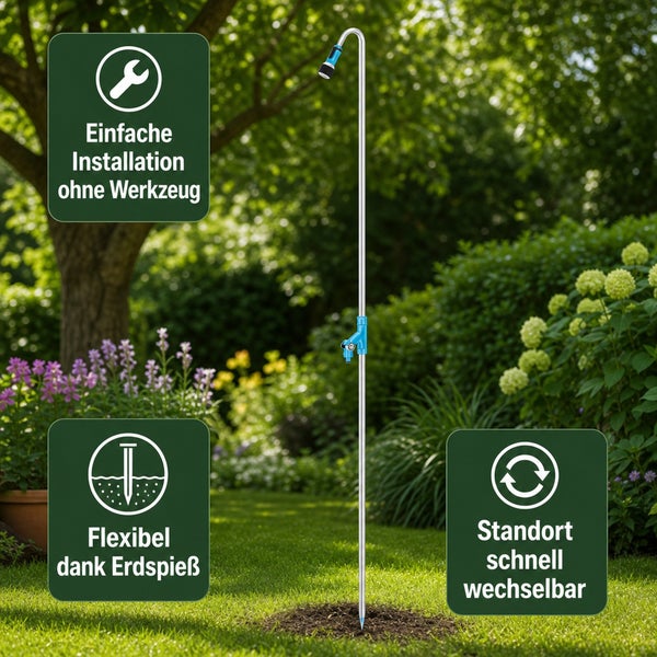 Gartendusche mit Erdspieß für einfache werkzeuglose Montage im Garten, inklusive Standortwechsel-Funktion.