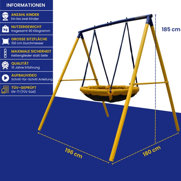 Schaukel mit Nestschaukel für ein bis zwei Kinder, maximale Belastung 90 Kilogramm, Sitzfläche 100 Zentimeter Durchmesser
