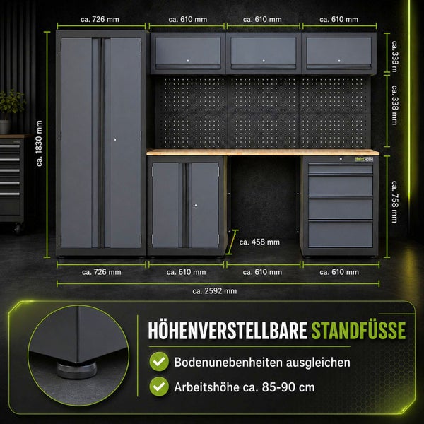 Modulares Werkstatt-Schranksystem mit Maßen, Hochschrank, Lochwand und Werkbank. Höhenverstellbare Füße, Arbeitshöhe circa 85 bis 90 Zentimeter.
