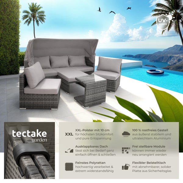 Rattan Lounge tectake San Marino mit Sicherheitsglasplatte, variabel aufstellbar mit Aluminiumgestell grau