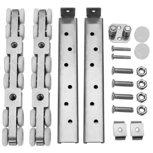 Set mit Schiebetürbeschlägen bestehend aus zwei Rollwagen, zwei Führungsschienen, Schrauben, Muttern und Abdeckungen für Schiebetüren.