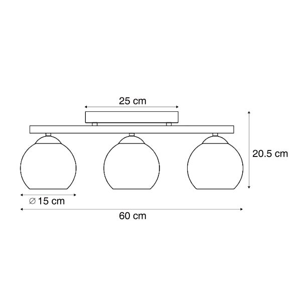 Maßzeichnung einer Deckenleuchte mit drei kugelförmigen Lampenschirmen, 60 cm breit und 20,5 cm hoch.