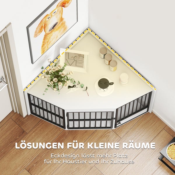 Platzsparende Hundebox für die Ecke mit Tischfunktion aus Holz und Metall, dekoriert in einem hellen Raum mit Holzboden.