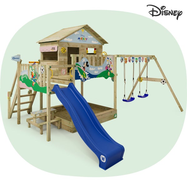 WICKEY Spielturm Disney Mickey Maus und Freunde Quest mit Rutsche, Picknicktisch und Doppelschaukel