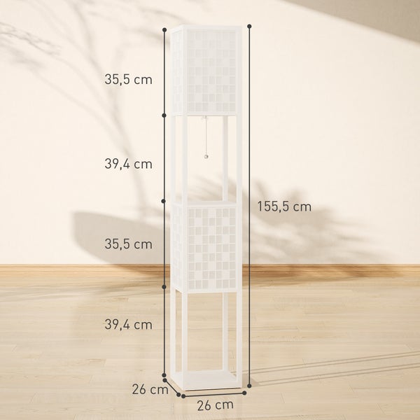 Weiße Stehlampe mit Regalfächern, Gesamthöhe einhundertfünfundfünfzig Komma fünf Zentimeter, Breite sechsundzwanzig Zentimeter.