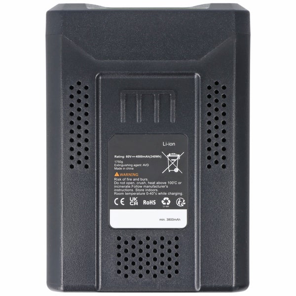 Rückseite eines 60 Volt Lithium-Ionen-Akkus mit 4000 Milliamperestunden, Belüftungslöchern, technischen Daten und Recycling-Symbolen.