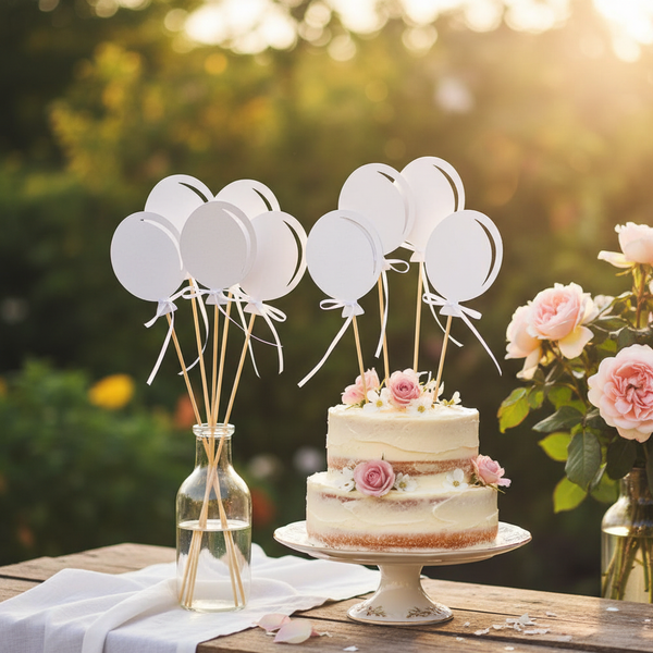 Weiße Tortenstecker in Luftballonform aus Papier an Holzstäben, Dekoration für eine Torte mit Rosen im Garten.
