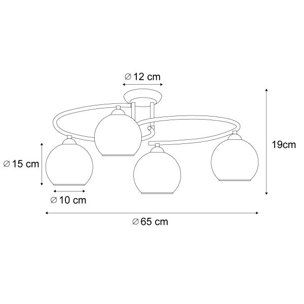 Technische Zeichnung einer Deckenleuchte mit vier Lampenschirmen und Maßangaben