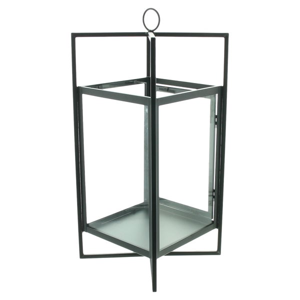 Schwarze Laterne aus Metall und Glas in modernem eckigem Design mit Ringgriff.