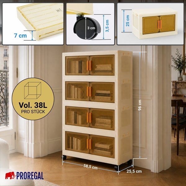 Proregal Aufbewahrungsregal auf Rollen. 96 mal 58,5 mal 25,5 Zentimeter. Gefaltet 7 Zentimeter. Volumen 38 Liter pro Box. Proregal Logo.