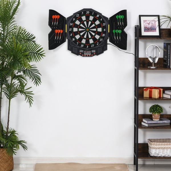 HOMCOM Elektronische Dart-set mit Tür, LED Anzeige, Soundeffekte, 12 Darts, 12 Dartköpfe, 27 Spiele und 216 Trefferoptionen für 8 Spieler,  49 x 54,6 x 5,5 cm, Kunststoff, Schwarz