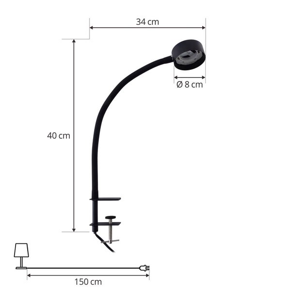 Abbildung einer Klemmleuchte mit den Maßen: Höhe 40 cm, Ausladung 34 cm, Lampenkopf Durchmesser 8 cm, Kabellänge 150 cm.
