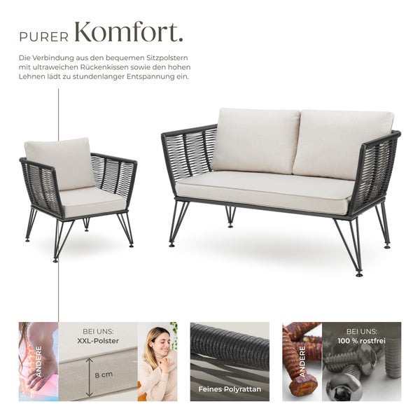 Garten-Loungeset tectake Sundo höhenverstellbare Füße Polyrattan im Rope-Design anthrazit