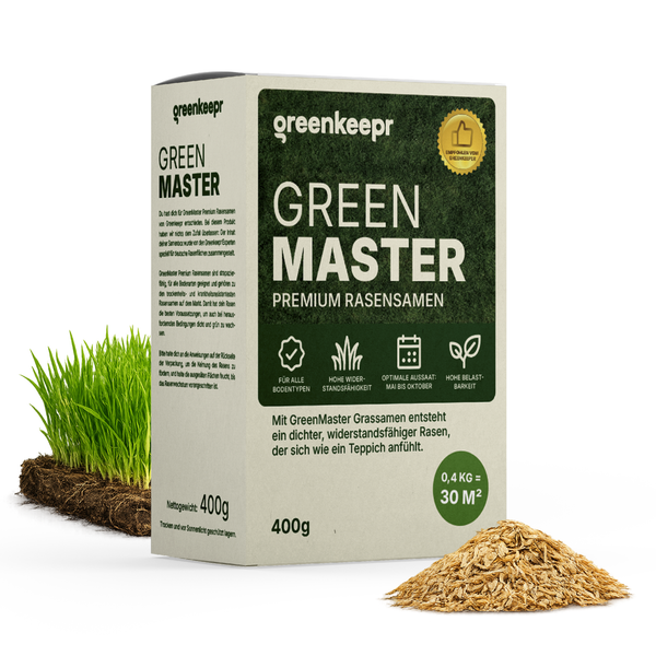 Greenkeepr Green Master Premium Rasensamen Packung mit Rasensamen und Grasbüscheln
