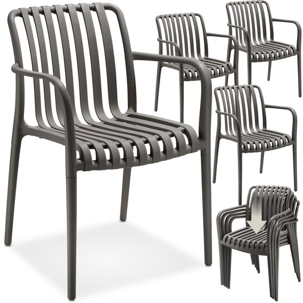 Stapelbare Gartenstühle mit Armlehnen im Set aus 4 Stück, modernes Lamellen-Design aus Kunststoff.