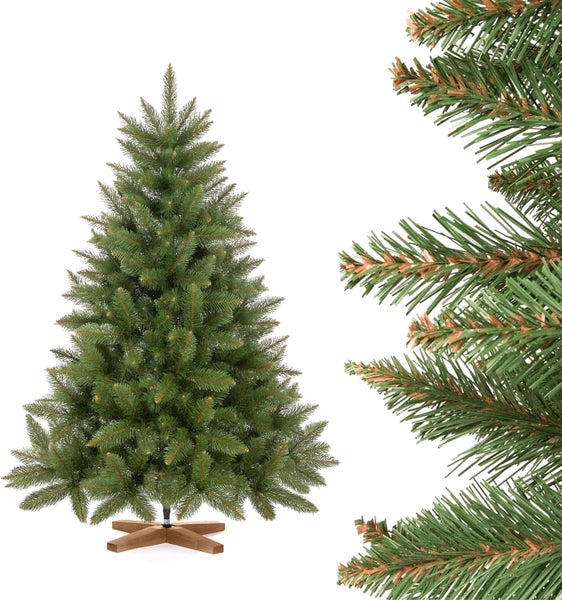 Künstlicher Weihnachtsbaum mit Holzständer und Detailansicht der Nadeln