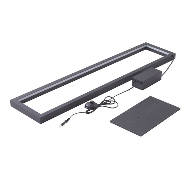 Moderne rechteckige LED-Leuchte in Schwarz mit Rahmen, Netzteil, Montageplatte und Anschlusskabel.