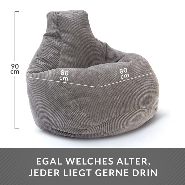 Green Bean Sitzsack mit Rückenlehne 80x80x90cm - Gaming Chair mit 230L Füllung Cordstoff - Bean Bag Bodenkissen Lounge Sitzhocker Relax-Sessel Gamer Gamingstuhl Hellgrau