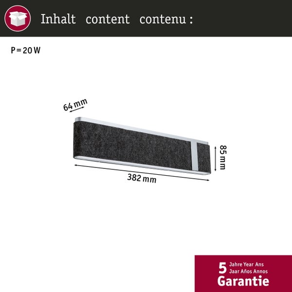 Wandleuchte mit 20 Watt Leistung, Länge 382 Millimeter, Höhe 85 Millimeter, Tiefe 64 Millimeter, inklusive fünf Jahre Garantie.