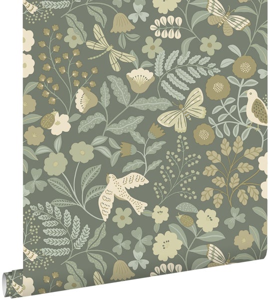 ESTAhome Tapete Blumen und Vögel Graugrün - 50 x 900 cm - 131465