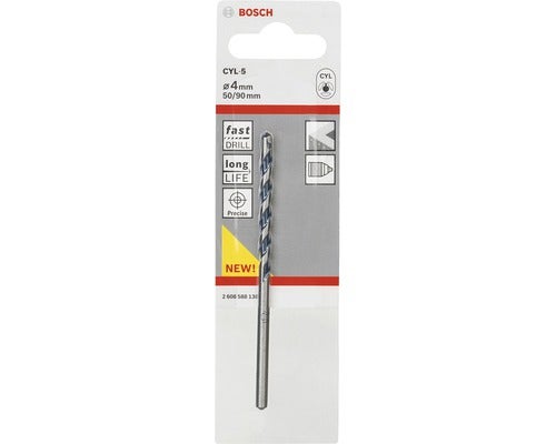 Bosch CYL-5 Betonbohrer mit vier Millimeter Durchmesser in Blisterverpackung mit Bosch Logo.