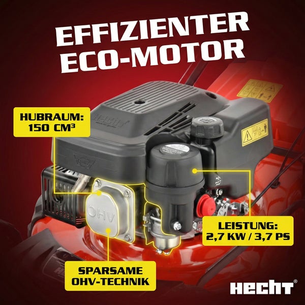 Hecht Rasenmähermotor mit 150 Kubikzentimeter Hubraum, 2,7 Kilowatt Leistung und sparsamer OHV Technik