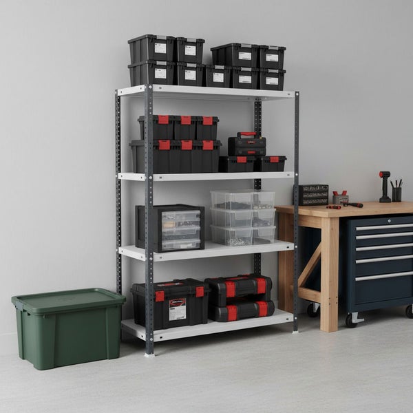 Strukturierte Werkstatt mit Metallregal, bestückt mit diversen Aufbewahrungsboxen und Werkzeugkoffern neben einer Werkbank aus Holz.