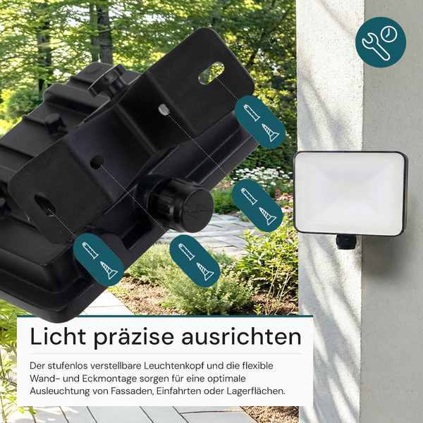 Außenleuchte mit flexiblem Wand- und Eckmontagesystem zur optimalen Ausleuchtung von Fassaden, Einfahrten oder Lagerflächen