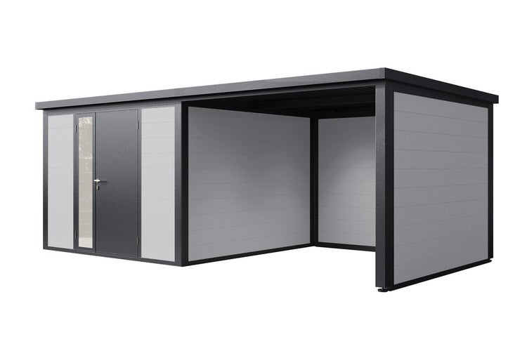 Modernes Gerätehaus mit integriertem Carport aus Metall mit Flachdach und abschließbarer Tür mit Glaseinsatz.