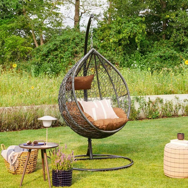 Home Deluxe - Hängesessel CIELO - Grau, Höhe 200 cm - inkl. Gestell, Sitz- und Rückenkissen I Polyrattan Hängestuhl Gartenschaukel Hängekorb