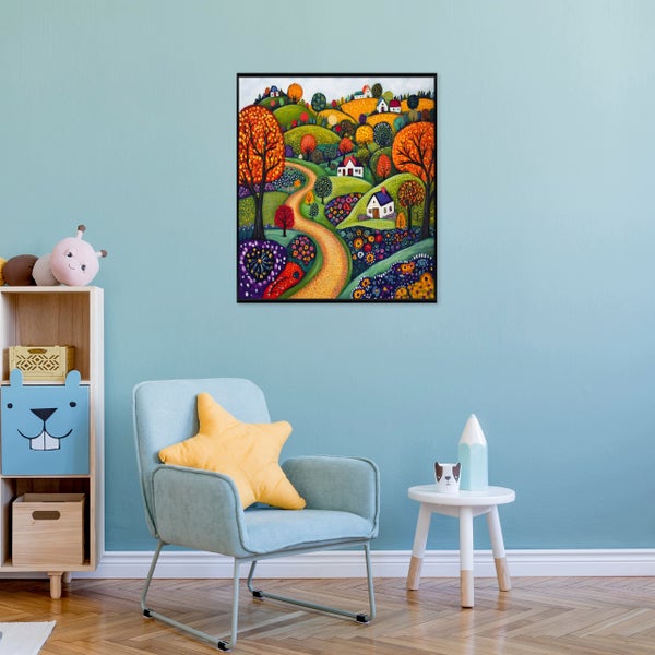 Wandbild mit farbenfroher Landschaftsdarstellung im Kinderzimmer mit Sessel und Regal.