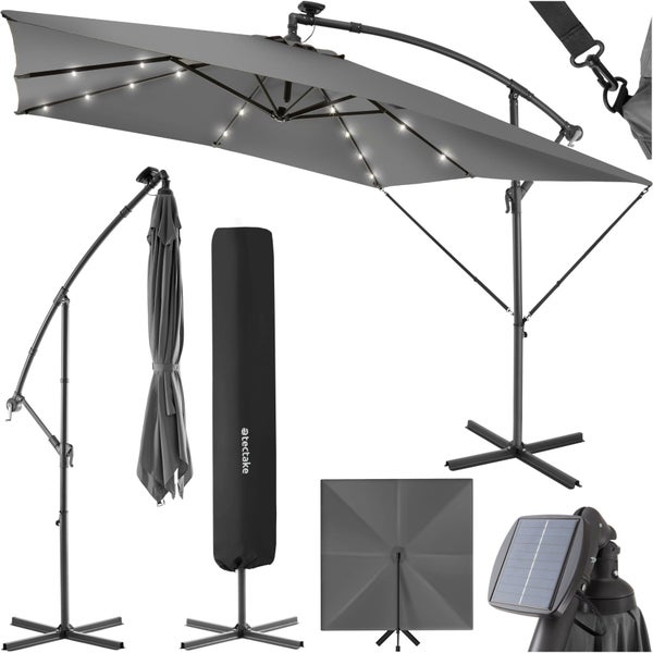 Sonnenschirm tectake Sunna wasserabweisend, inkl. Windsicherung und Schutzhülle 250 x 250 cm mit LED Solar-Beleuchtung hellgrau