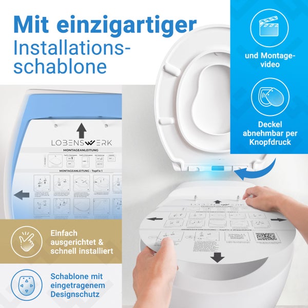 Installation eines weißen Lobenswerk Toilettensitzes mit Schablone, Montagevideo-Hinweis und abnehmbarem Deckel per Knopfdruck. Lobenswerk Logo.