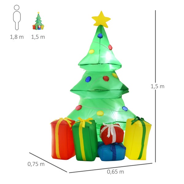Aufblasbarer Weihnachtsbaum mit Geschenken und Beleuchtung, 1,5 Meter hoch, 0,65 Meter breit, 0,75 Meter tief, Größenvergleich zu 1,8 Meter Person.