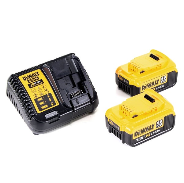 DeWalt Akku-Starter-Set mit einem Schnellladegerät und zwei 18 Volt Lithium-Ionen-Akkus mit 4,0 Amperestunden.