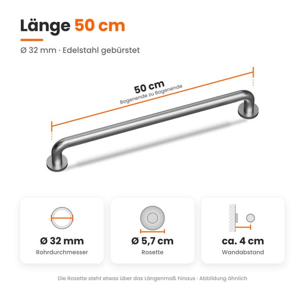 Wandhaltegriff aus gebürstetem Edelstahl mit 50 Zentimeter Länge, 32 Millimeter Rohrdurchmesser, 5,7 Zentimeter Rosette und 4 Zentimeter Wandabstand