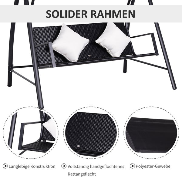 Outsunny 3-Sitzer Hollywoodschaukel, mit Kissen, belastbar bis 360kg, 198B x 124T x 179H cm, Polyrattan, Metall, Schwarz