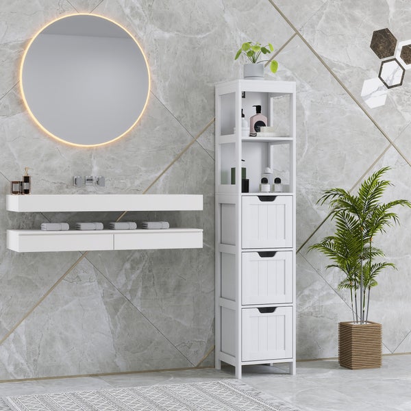 HOMCOM Badezimmerschrank Badschrank, Bad Hochschrank mit 3 Schubladen, 2 offenen Fächern, Aufbewahrungsschrank für Badezimmer, Wohnzimmer, Weiß, 30 x 30 x 142,4 cm