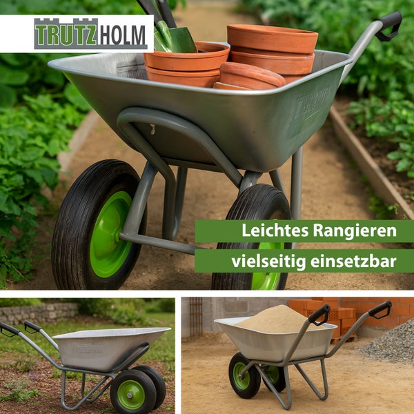 Trutzholm Logo. Zweiradschubkarre mit verzinkter Wanne und zwei Rädern, befüllt mit Blumentöpfen im Garten und Sand auf einer Baustelle.