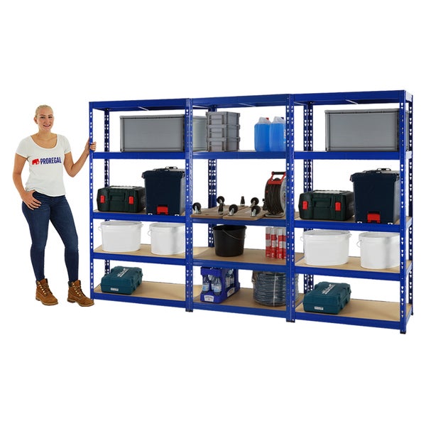 PROREGAL Mega Deal 3x Schwerlastregal Tiger HxBxT 180 x 90 x 45 cm Fachlast 265 kg 5-Ebenen Blau