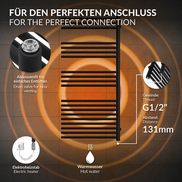 LuxeBath Elektrischer Badheizkörper 500x1200 mm Schwarz matt + Heizstab 1200W mit Thermostat Digitalanzeige, Heizkörper + Heizpatrone, Handtuchtrockner Handtuchwärmer Handtuchheizkörper Handtuchhalter