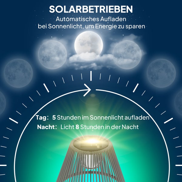 Outsunny Solar Stehlampe Rattan Solarlampen mit Lichtsensor 25 LEDs automatisch Solarleuchte im Boho-Stil IP44 Wasserdichte Solarlampe Outdoor Lampe für Garten Balkon Außen Rasen Ø33x135 cm