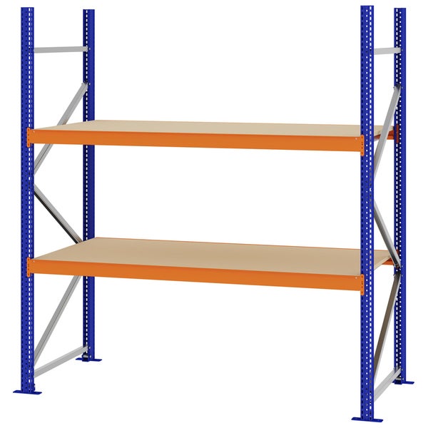 Weitspannregal mit zwei Holzböden und blau-orangefarbenem Metallgestell für Lager und Werkstatt.