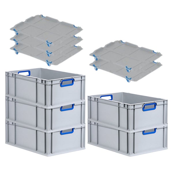 PROREGAL Spar Set 5x Eurobox Nextgen Color Mit Auflagedeckel & Schiebeschnappverschlüsse HxBxT 22 x 40 x 60 cm Griffe Blau Offen Verstärkter Boden