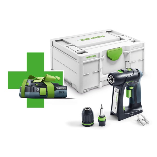 Festool Akku-Bohrschrauber C 18 im Systainer mit Bohrfutter, Bithalter, Gürtelclip und einem zusätzlichen 18 Volt Lithium HighPower Akku.
