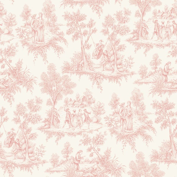 Rosa Tapete im Toile-de-Jouy-Stil mit klassischen ländlichen Szenen des achtzehnten Jahrhunderts, Personen und Bäumen.