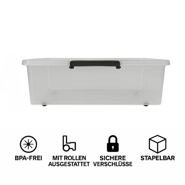 Transparente Aufbewahrungsbox mit Rollen, BPA-frei, mit sicheren Verschlüssen und stapelbar