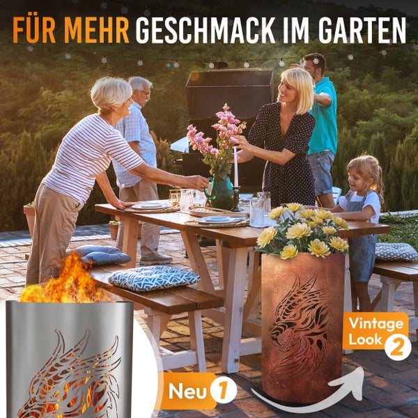 Gartenszene mit Grill, Esstisch und zwei Feuerstellen mit Motivdruck